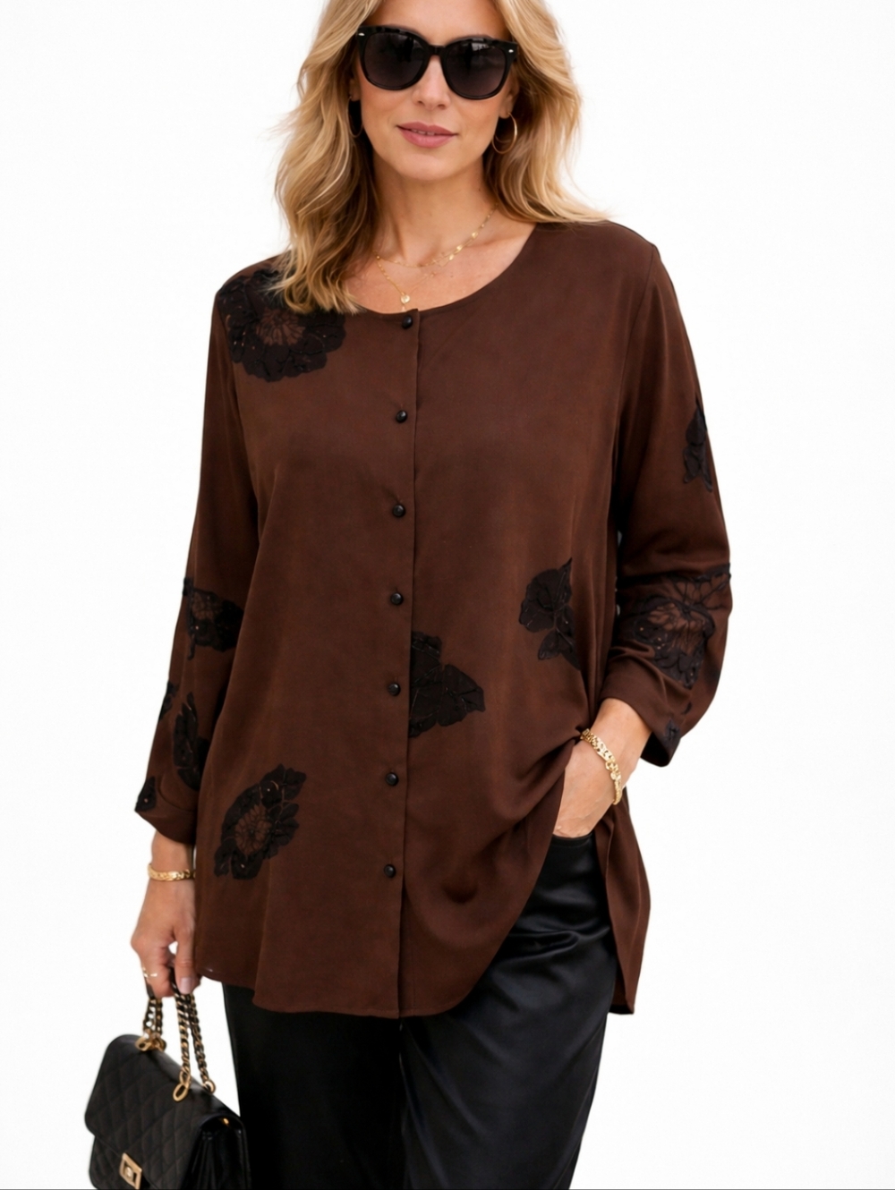 Designer Chocolate Brown/ Black Button Down Flowy Old Money Silk Tunic Top Sz L